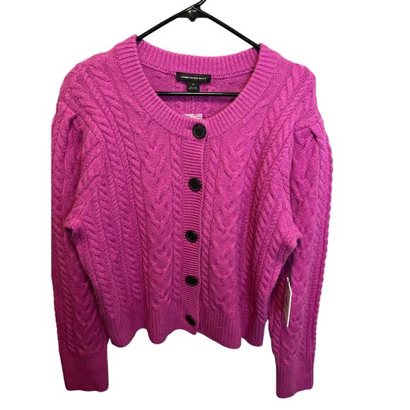 Something Navy Pink Knit Cardigan NWT Fuzzy Chunky Sweater Women’s Size XL - Picture 1 of 12